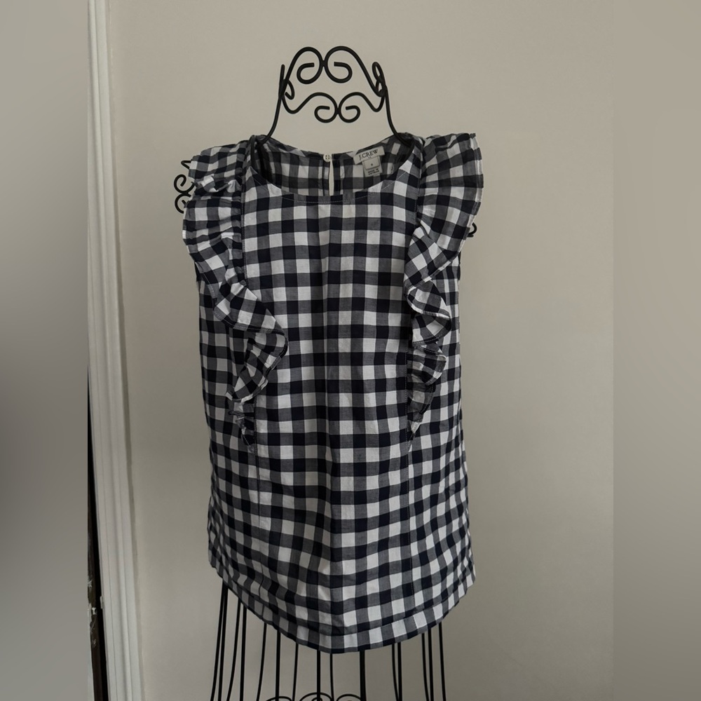 J. Crew Black and White Ruffled Sleeveless Blouse